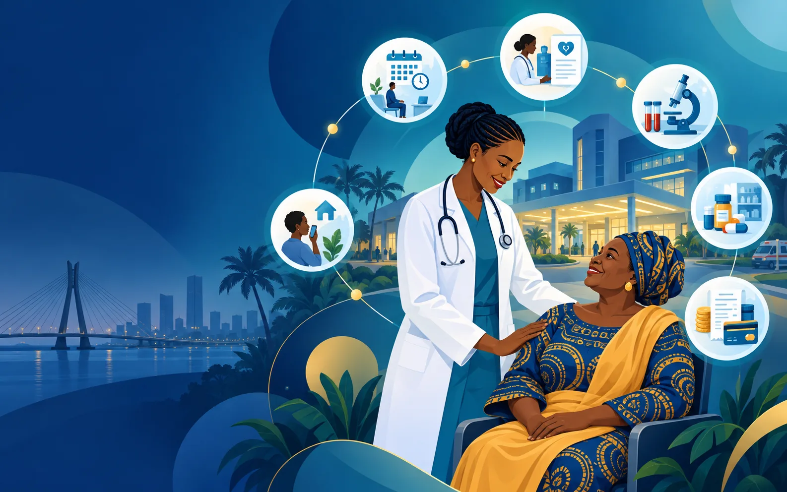 Concept illustration of a Nigerian clinician, patient and connected hospital services