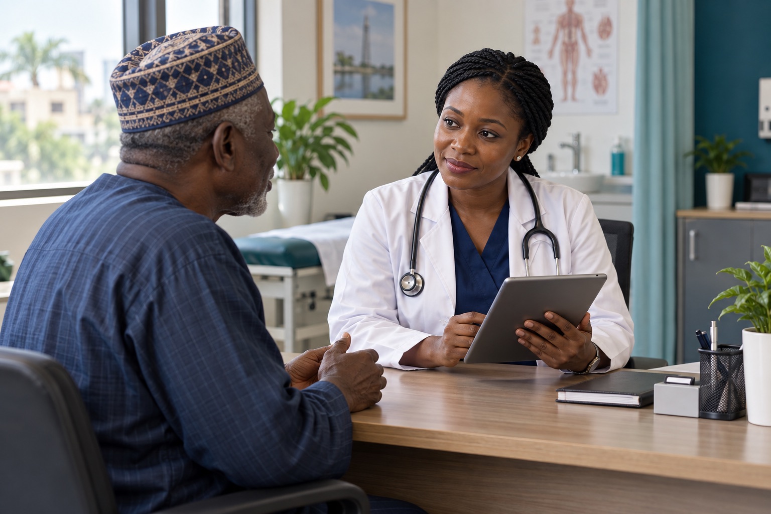 AI-generated editorial illustration of a clinician reviewing a patient’s history with a tablet