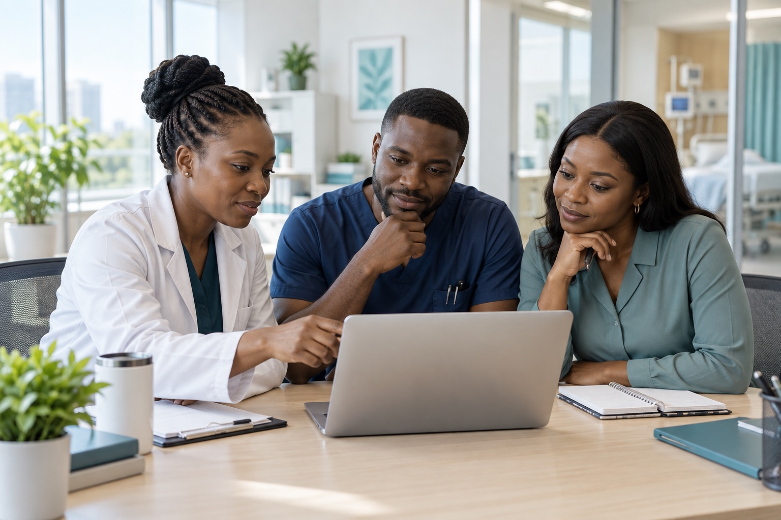 AI-generated editorial illustration of hospital colleagues coordinating work around a laptop