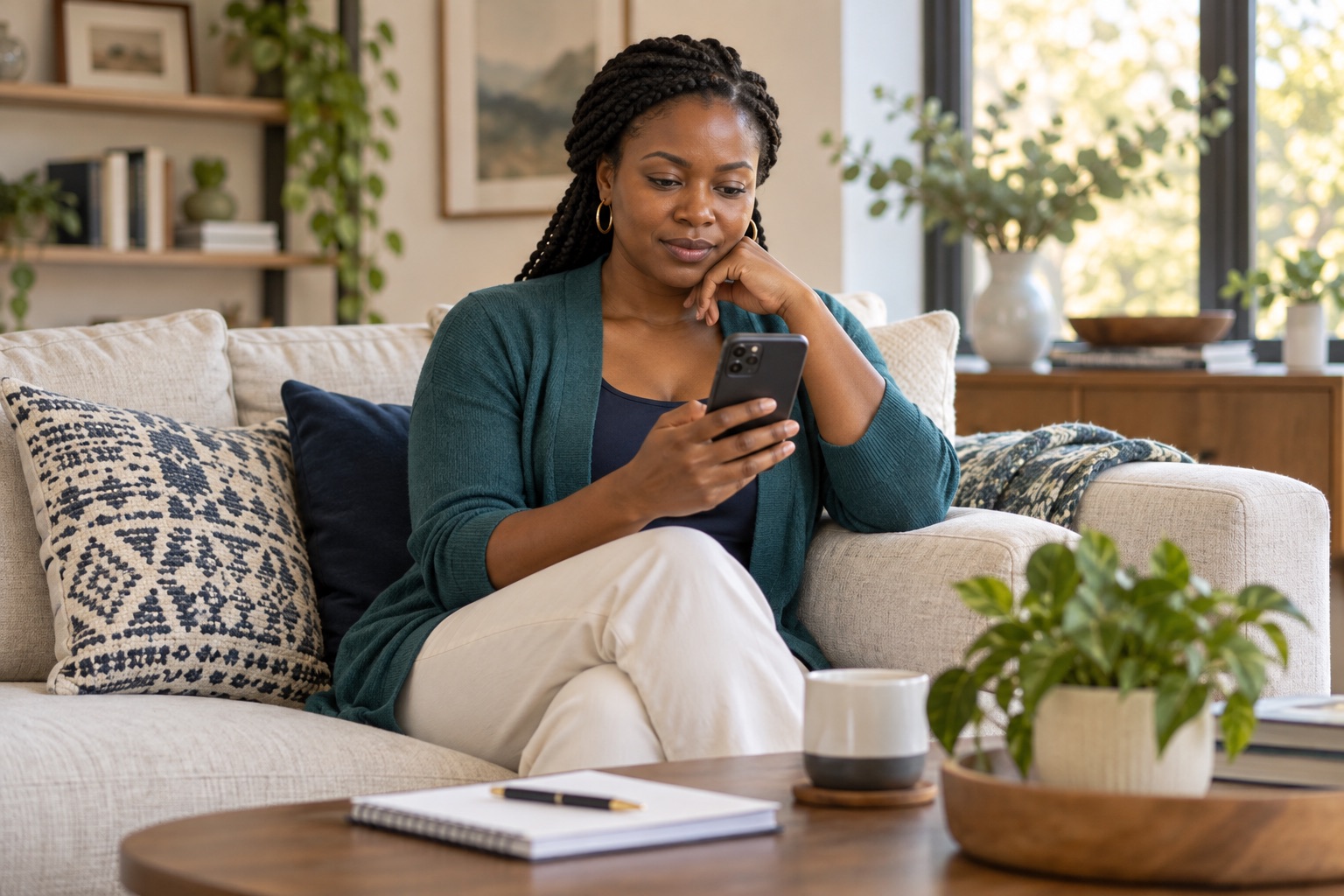 AI-generated editorial illustration of a patient checking her smartphone at home