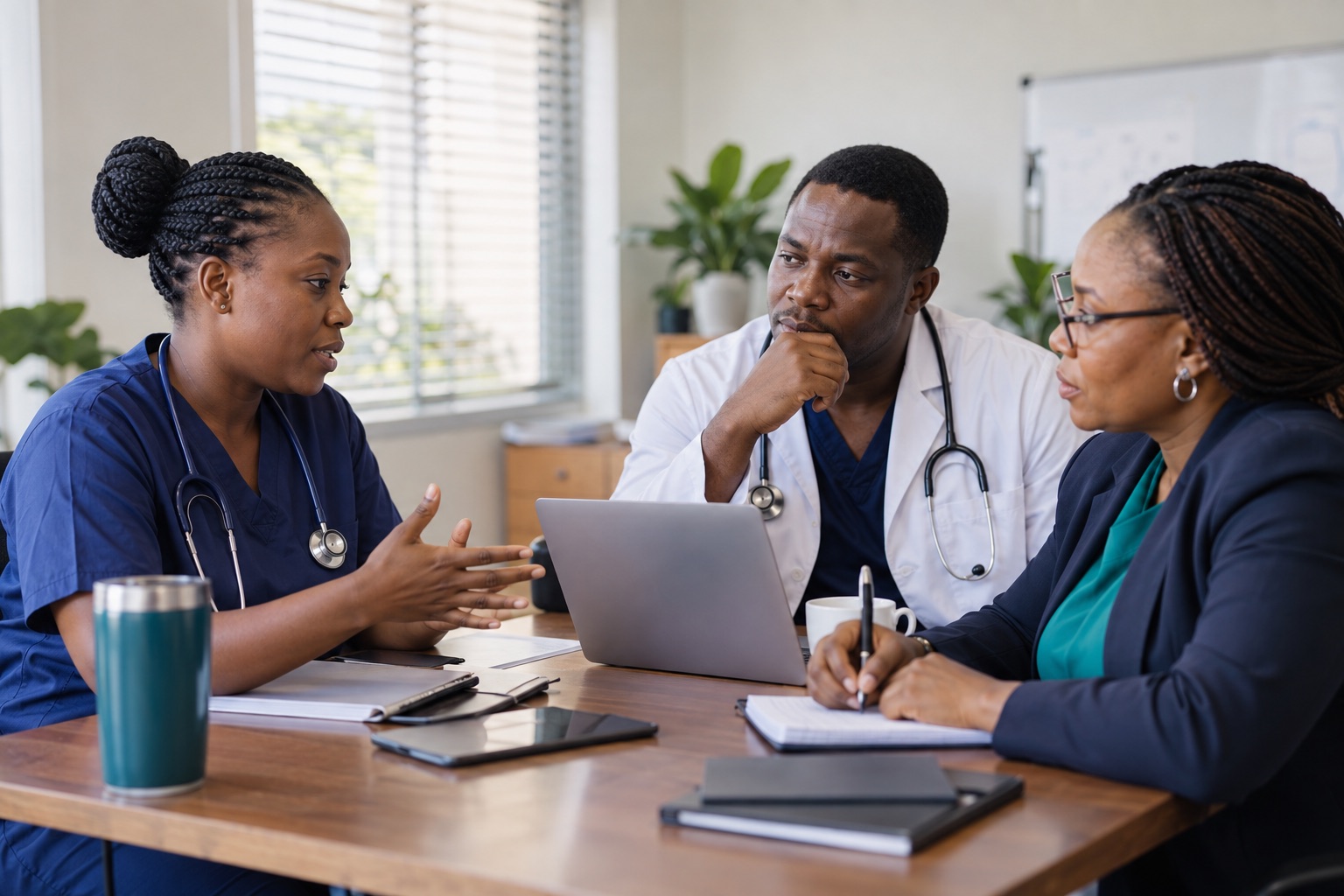 Illustrative scene of hospital professionals discussing a workflow