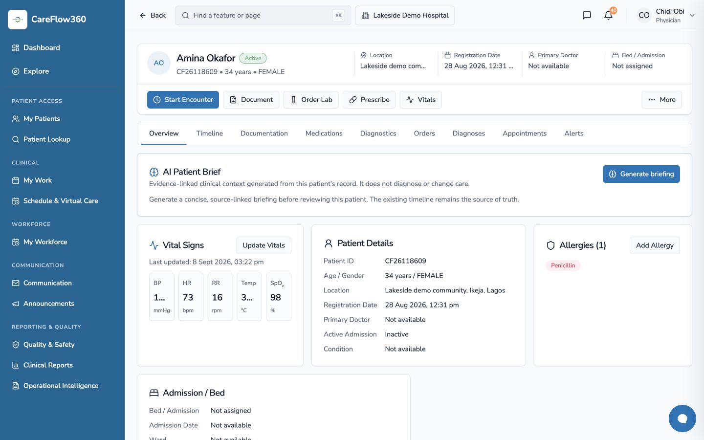 Real CareFlow360 clinical workspace with fictional patient data