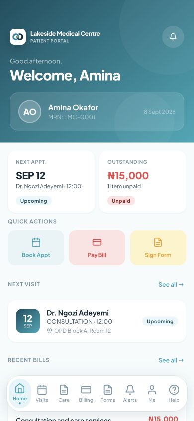 Real CareFlow360 patient app with fictional data